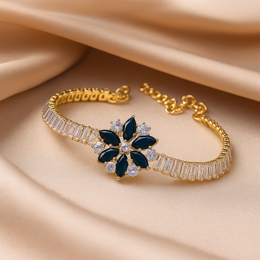 Elegance Bloom Gold-Toned Bracelet with Dark Blue and Clear Cubic Zirconia