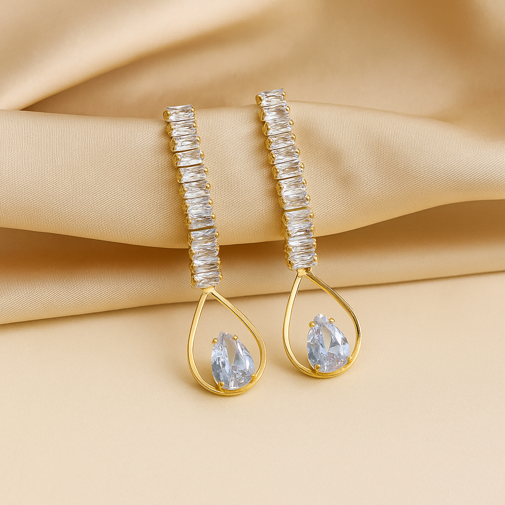 Elegant Teardrop Crystal Dangle Earrings - Gold Tone