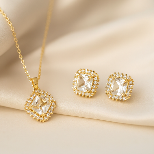 Elegance Duo: Gold-Toned Necklace and Earrings Set with Cubic Zirconia