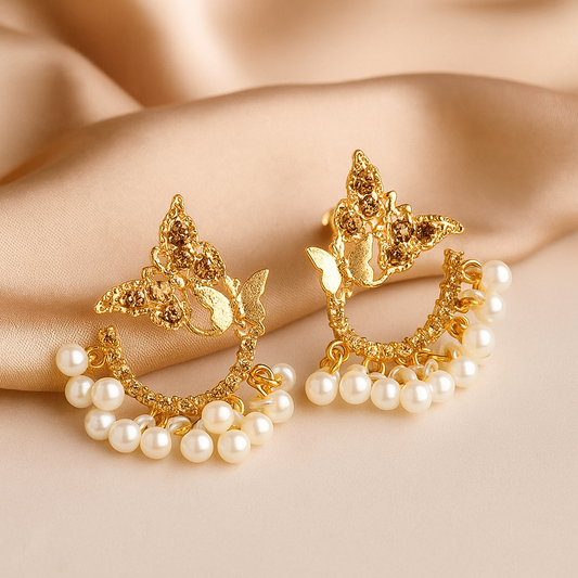 Elegant Butterfly Pearl Earrings - Golden Charm