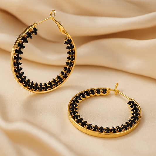 Elegant Black Enamel Hoop Earrings - Gold Tone Artificial Jewelry