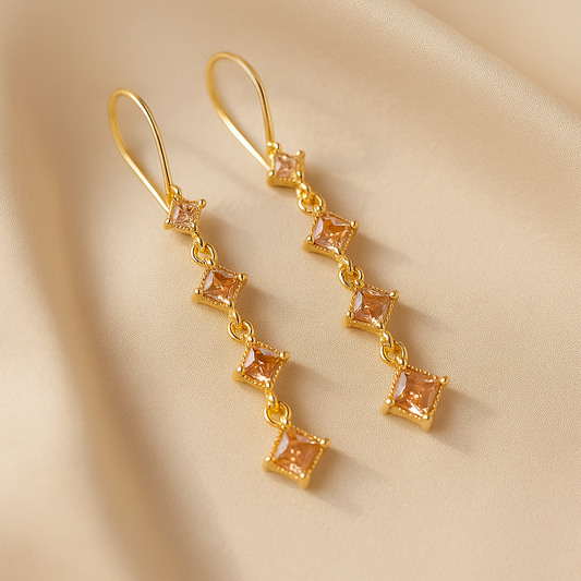 Elegant Square Drop Earrings - Gold Tone with Peach Stones