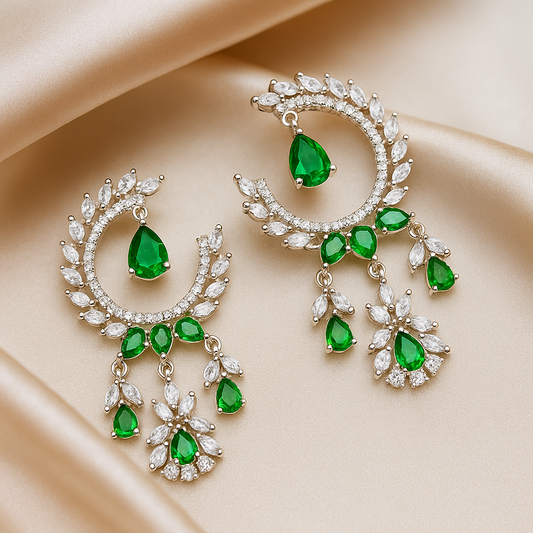 Emerald Dangle Earrings - Luxe Silver Tone with Green and Clear Stones