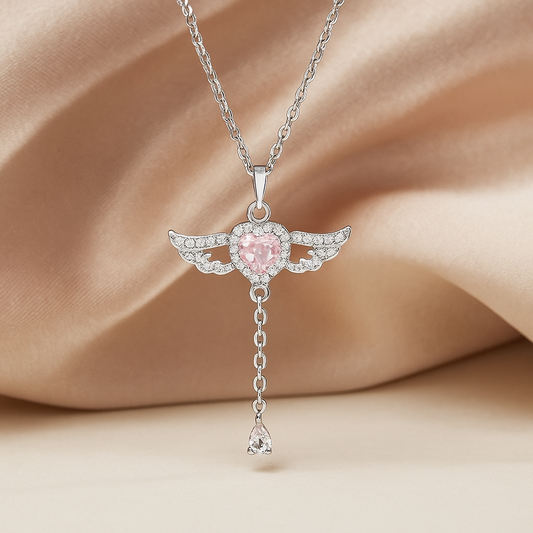 Ethereal Wings Necklace - Pink Crystal Pendant with Sterling Silver Chain