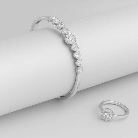 Elegance Embraced: Sterling Silver Diamond Cluster Ring &amp; Bangle Set