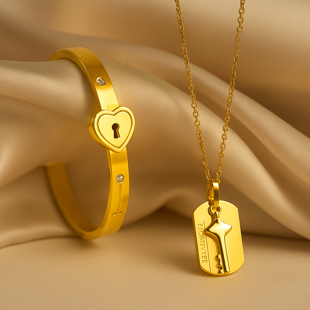 Heart lock Bangle and Cross Charm Necklace Set