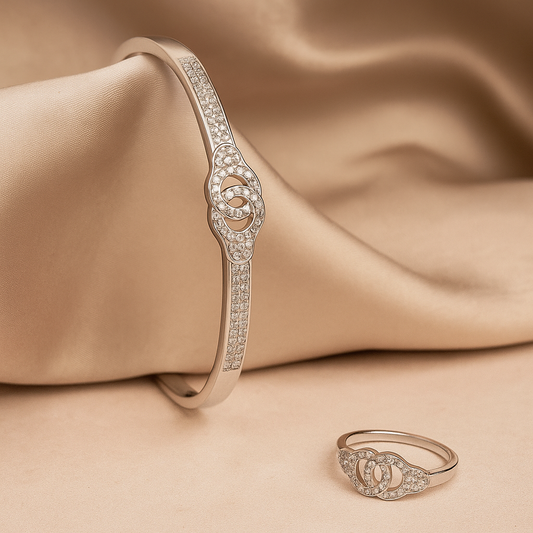 Elegance Duo: Silver-Toned Diamond-Accented Bangle and Ring Set