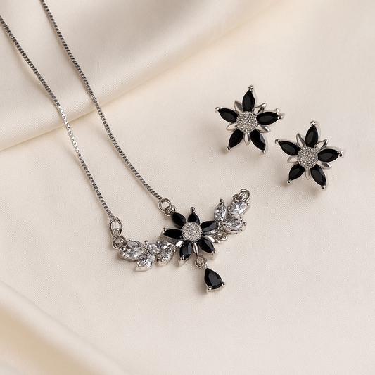 Elegant Floral Silver-Tone Necklace and Earrings Set with Artificial Stones