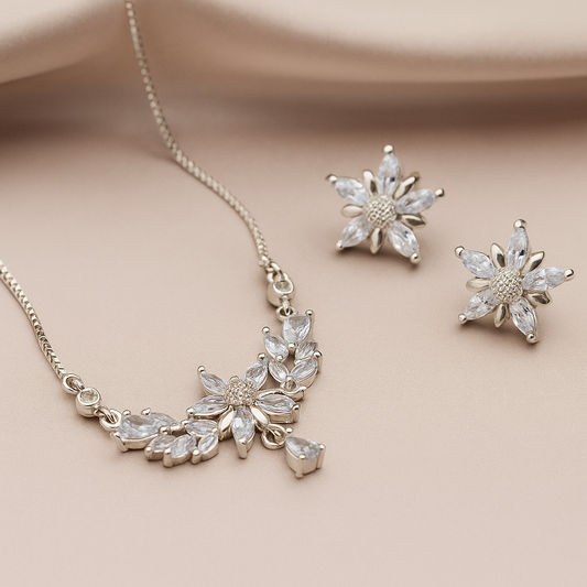 Elegant Snowflake Necklace Set - Silver Tone with Crystal Stones
