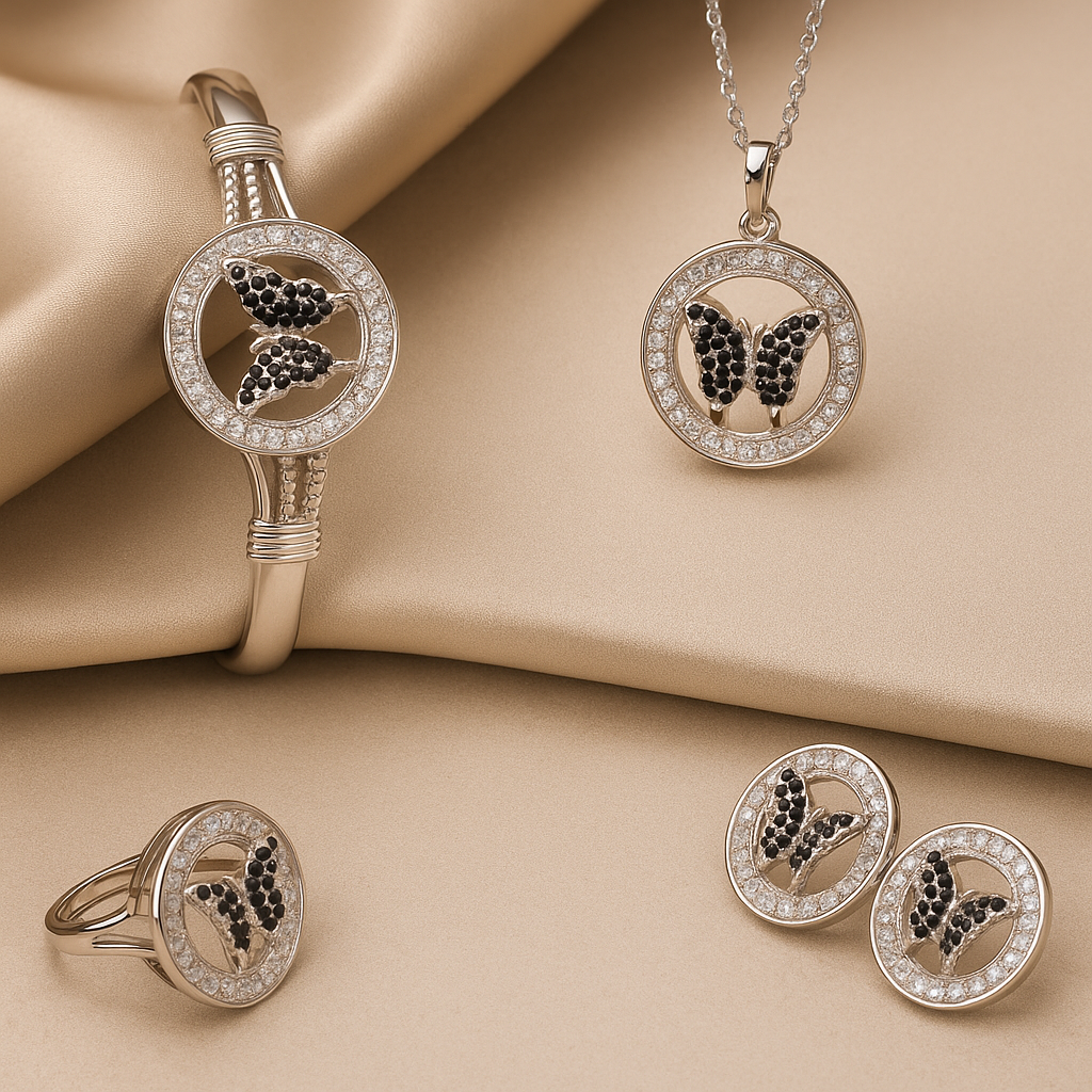 Elegant Butterfly Jewelry Set - Silver Tone with Crystal Accents