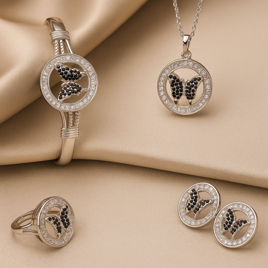 Elegant Butterfly Jewelry Set - Silver Tone with Crystal Accents