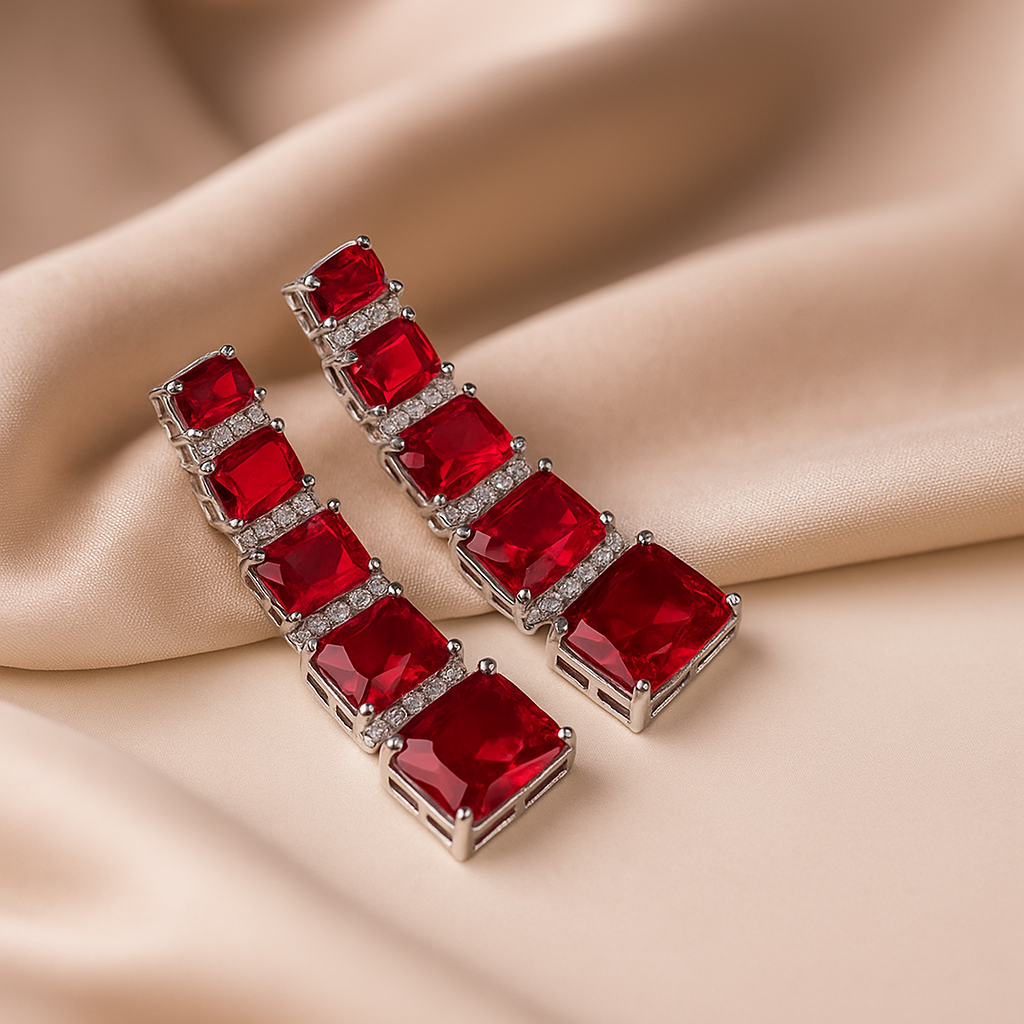 Ruby Radiance Drop Earrings - Luxurious Artificial Ruby and American Diamond Zircon Jewelry