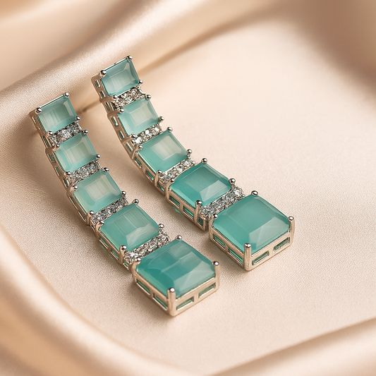 Aquamarine Elegance Earrings - Emerald Cut Artificial Stones with American Diamond Zircon Accents