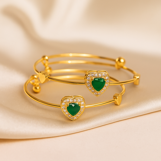 Emerald Heart Duo Bangles - Gold-Tone Artificial Jewelry with Green Stones