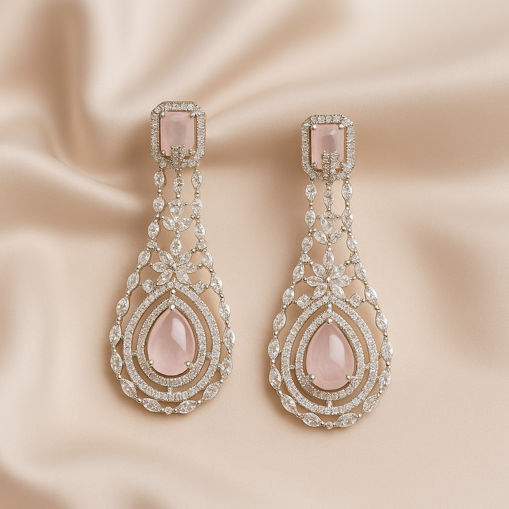 Blushing Elegance Tear Drop Earrings - American Diamond Zircon Stones in Silver-Tone Finish