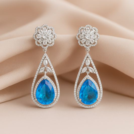 Ethereal Blue Teardrop Earrings - American Diamond Zircon Stone Jewelry