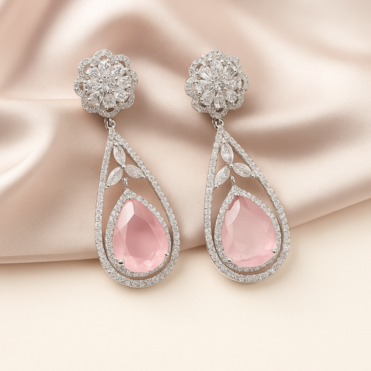 Blushing Elegance: Pink Teardrop American Diamond Zircon Earrings