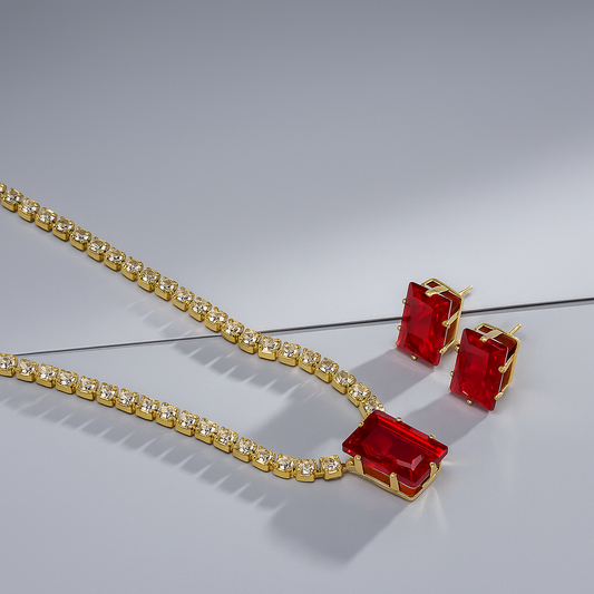 Radiant Red Gemstone Necklace and Earring Set in Gold