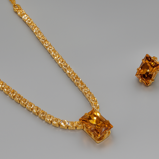 Golden Amber Gemstone Necklace and Earring Set
