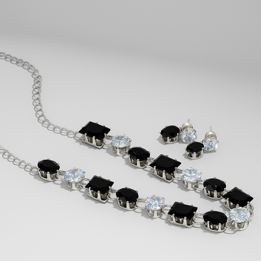 Midnight Elegance Necklace and Earring Set - Silver Toned with Onyx and Crystal Accents