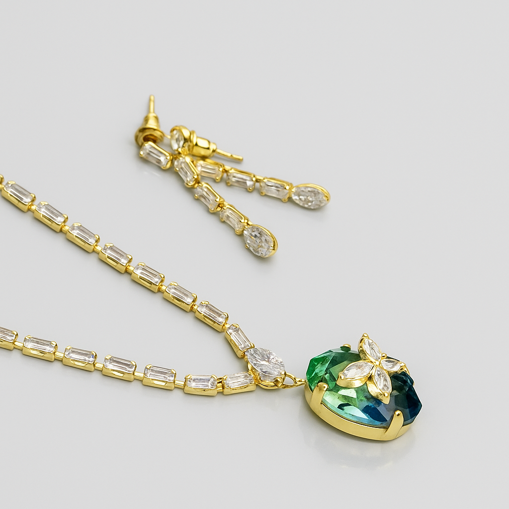 Emerald Bloom Necklace and Earring Set - Gold-Toned with Green and Clear Gemstones