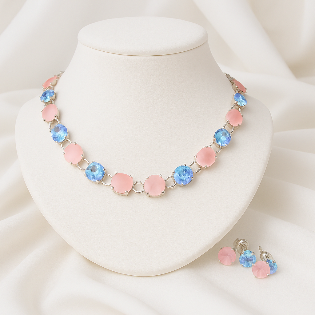 Blushing Bloom Necklace and Earring Set - Pink and Blue Gemstones