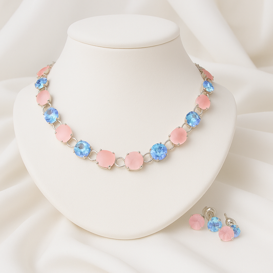 Blushing Bloom Necklace and Earring Set - Pink and Blue Gemstones