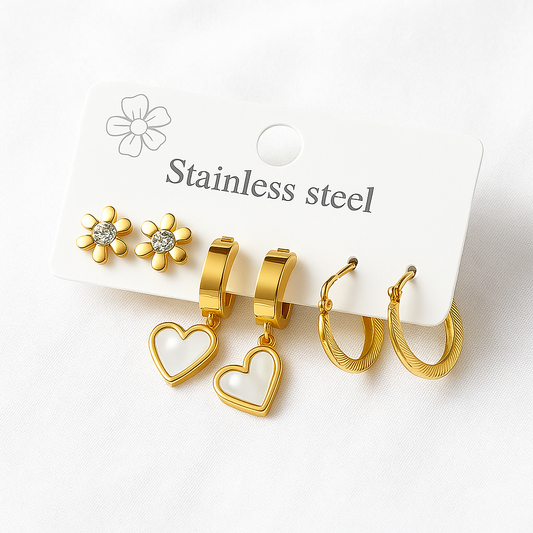 Golden Bloom Trio – 3-in-1 Earring Set