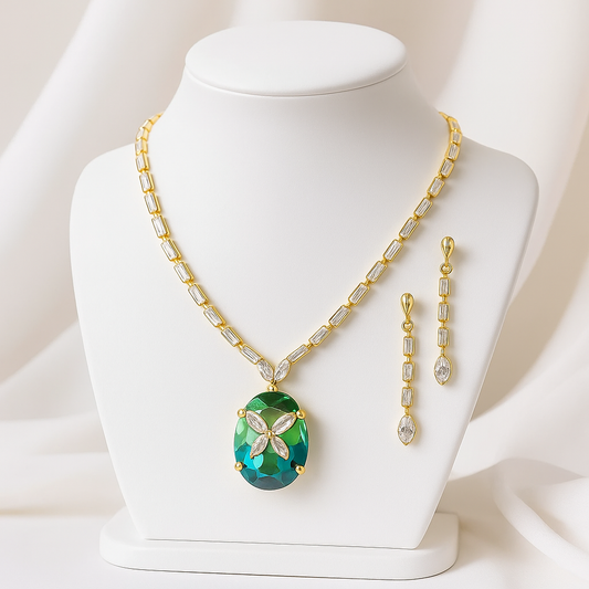 Emerald Bloom Necklace and Earring Set - Gold-Toned with Green and Clear Gemstones