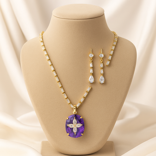 Lavender Dream Necklace and Earring Set - Gold-Toned with Purple Gemstone