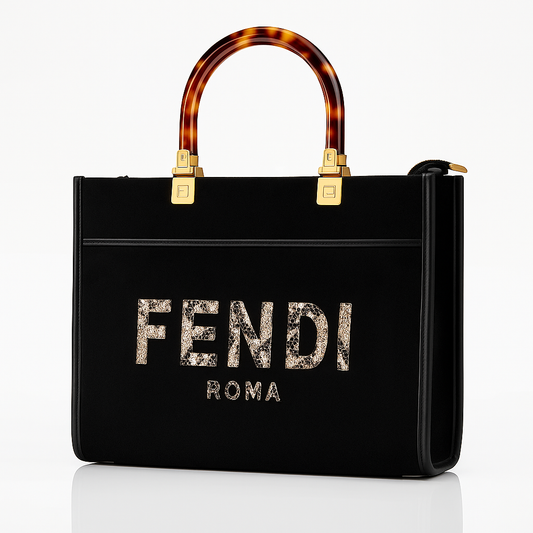 Fendi Regal Vista Crystal Handle Tote - Black