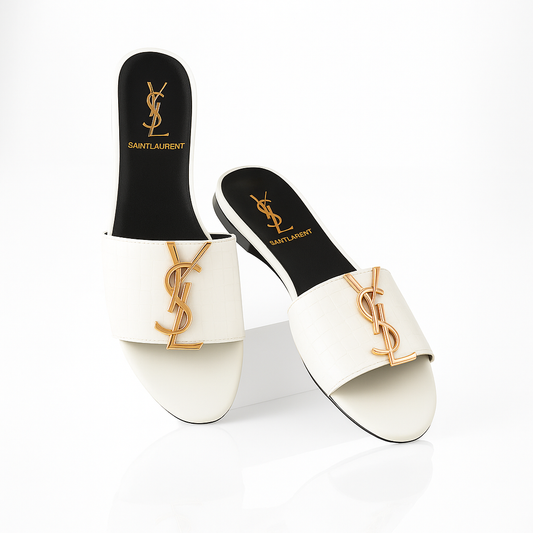 Saint Laurent White Croc-Embossed Mules
