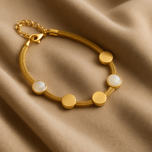 Flat Chain Gold Bracelet with White Stones