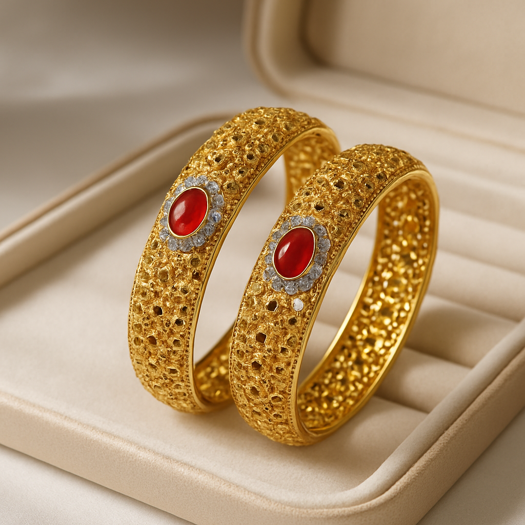 Fancy Gold Bangals with Red Stones (Size: 2.5)
