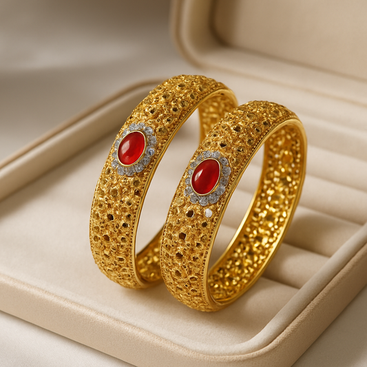 Fancy Gold Bangals with Red Stones (Size: 2.5)