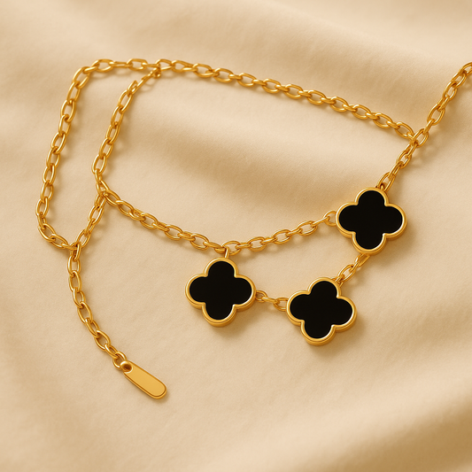 Gold Chain Bracelet with Black Flowers