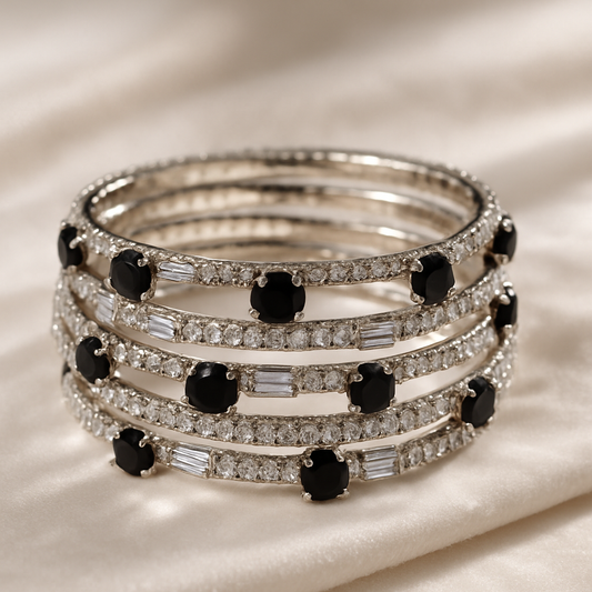 Elegant Black & Crystal SIlver Bangals (Size: 2.5)